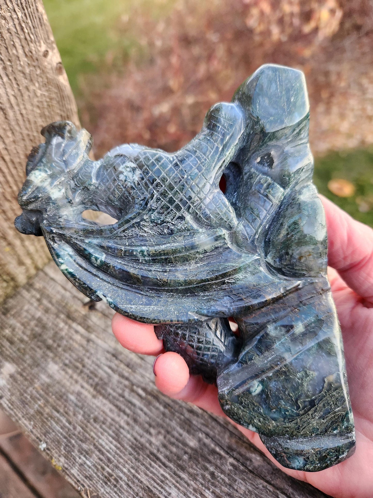 AAA Natural Moss Agate Crystal Carved Full Body Dragon, DND