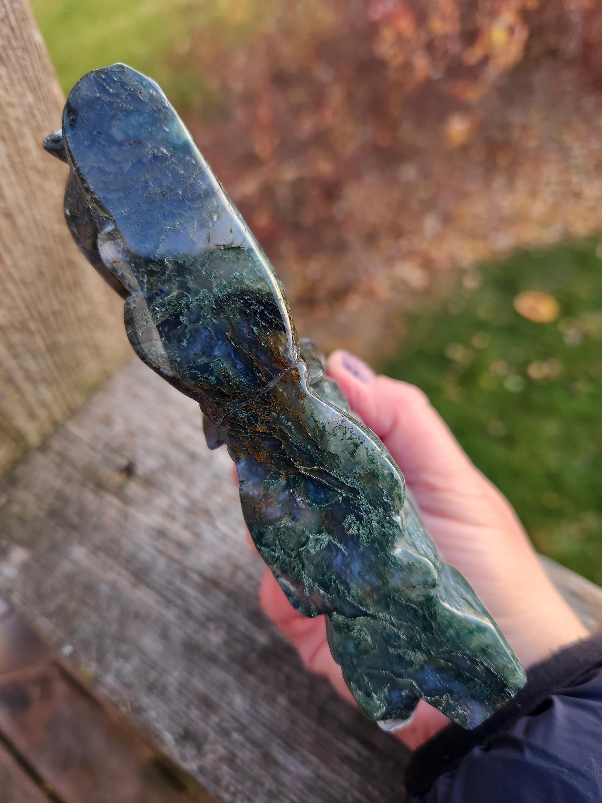 AAA Natural Moss Agate Crystal Carved Full Body Dragon, DND