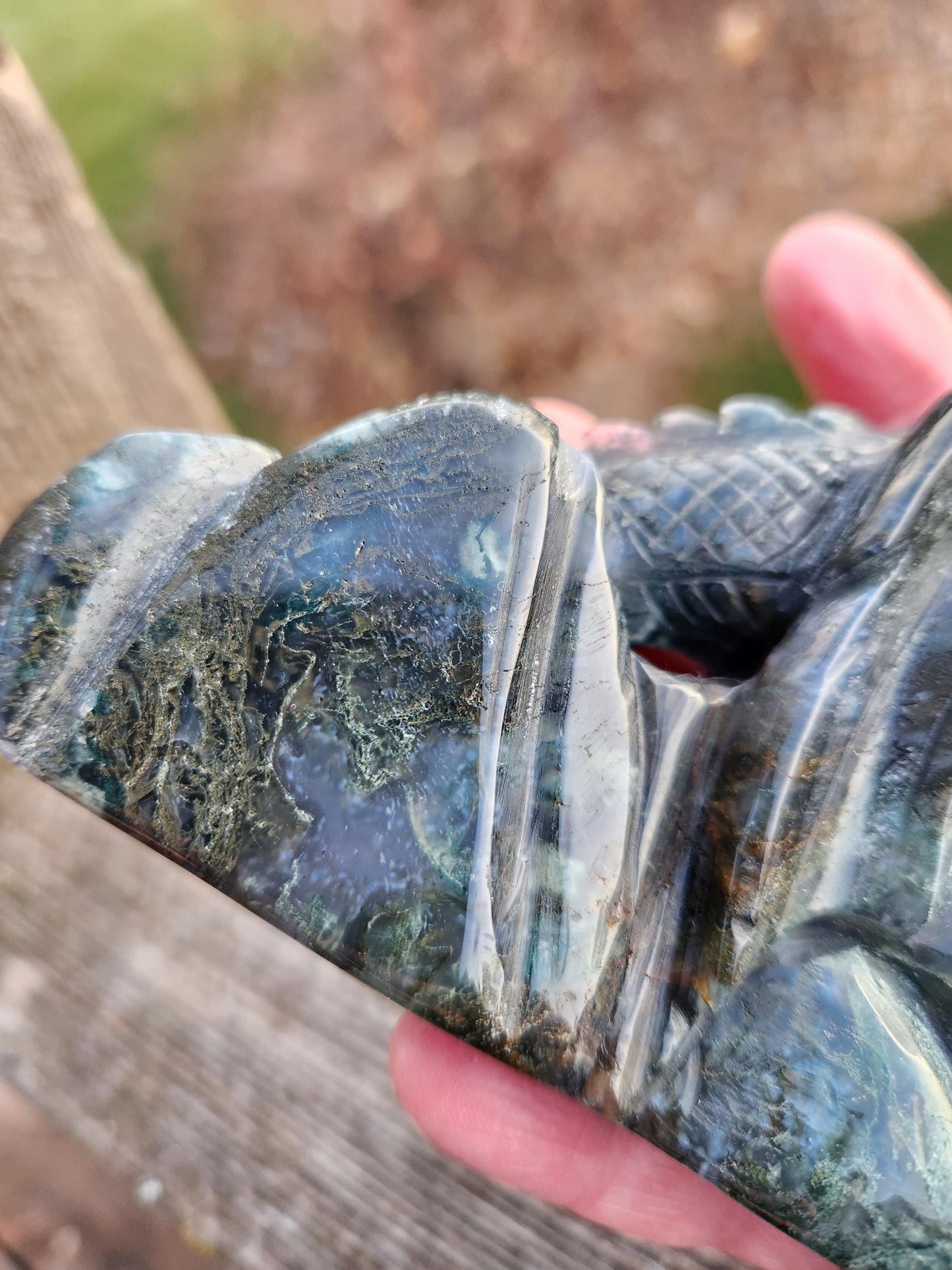 AAA Natural Moss Agate Crystal Carved Full Body Dragon, DND