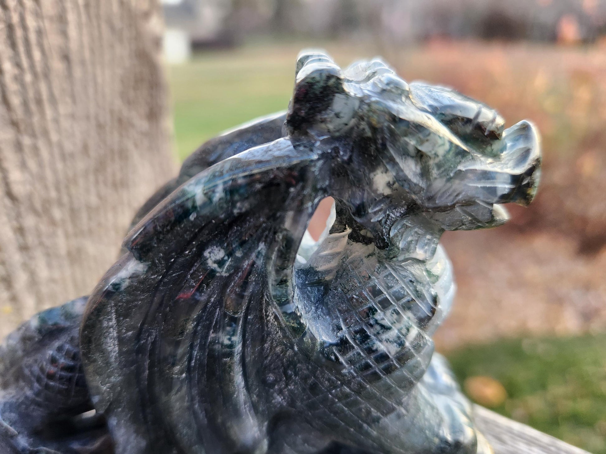 AAA Natural Moss Agate Crystal Carved Full Body Dragon, DND