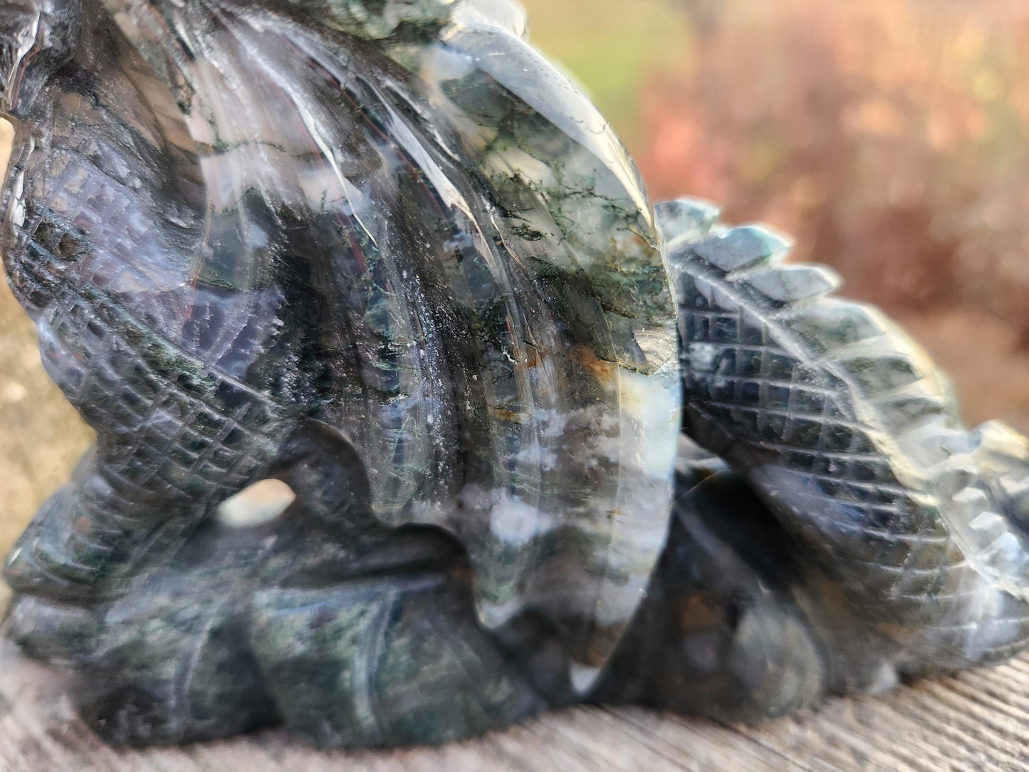 AAA Natural Moss Agate Crystal Carved Full Body Dragon, DND
