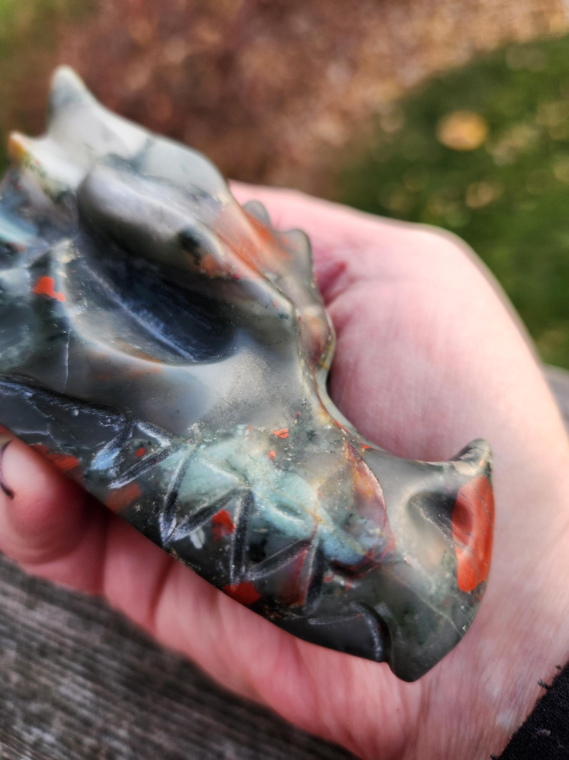 High Polished African Bloodstone Jasper Carved Dragon Head Crystal Stone, DnD, Fire Dragon