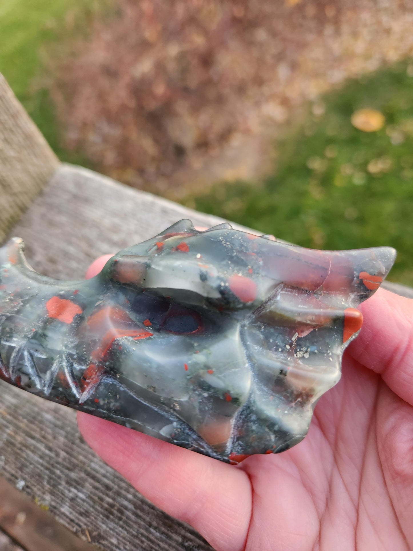 High Polished African Bloodstone Jasper Carved Dragon Head Crystal Stone, DnD, Fire Dragon
