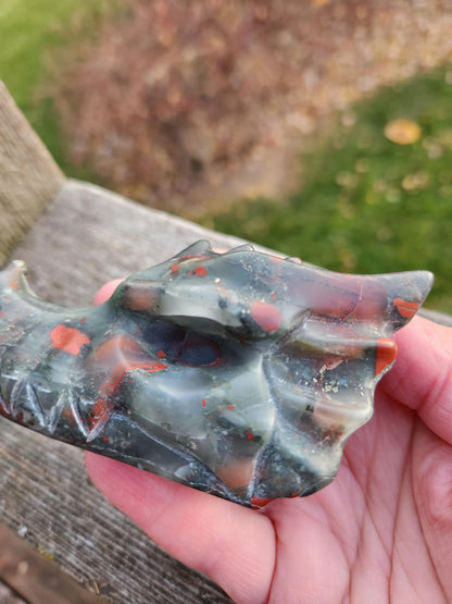 High Polished African Bloodstone Jasper Carved Dragon Head Crystal Stone, DnD, Fire Dragon