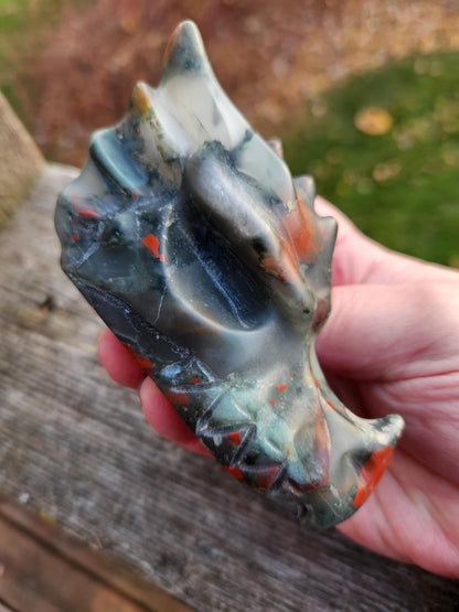 High Polished African Bloodstone Jasper Carved Dragon Head Crystal Stone, DnD, Fire Dragon