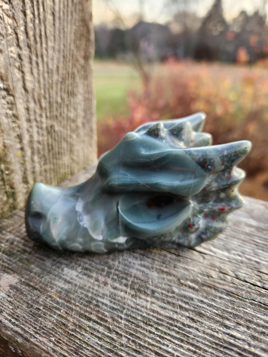 High Polished African Bloodstone Jasper Carved Dragon Head Crystal Stone, DnD