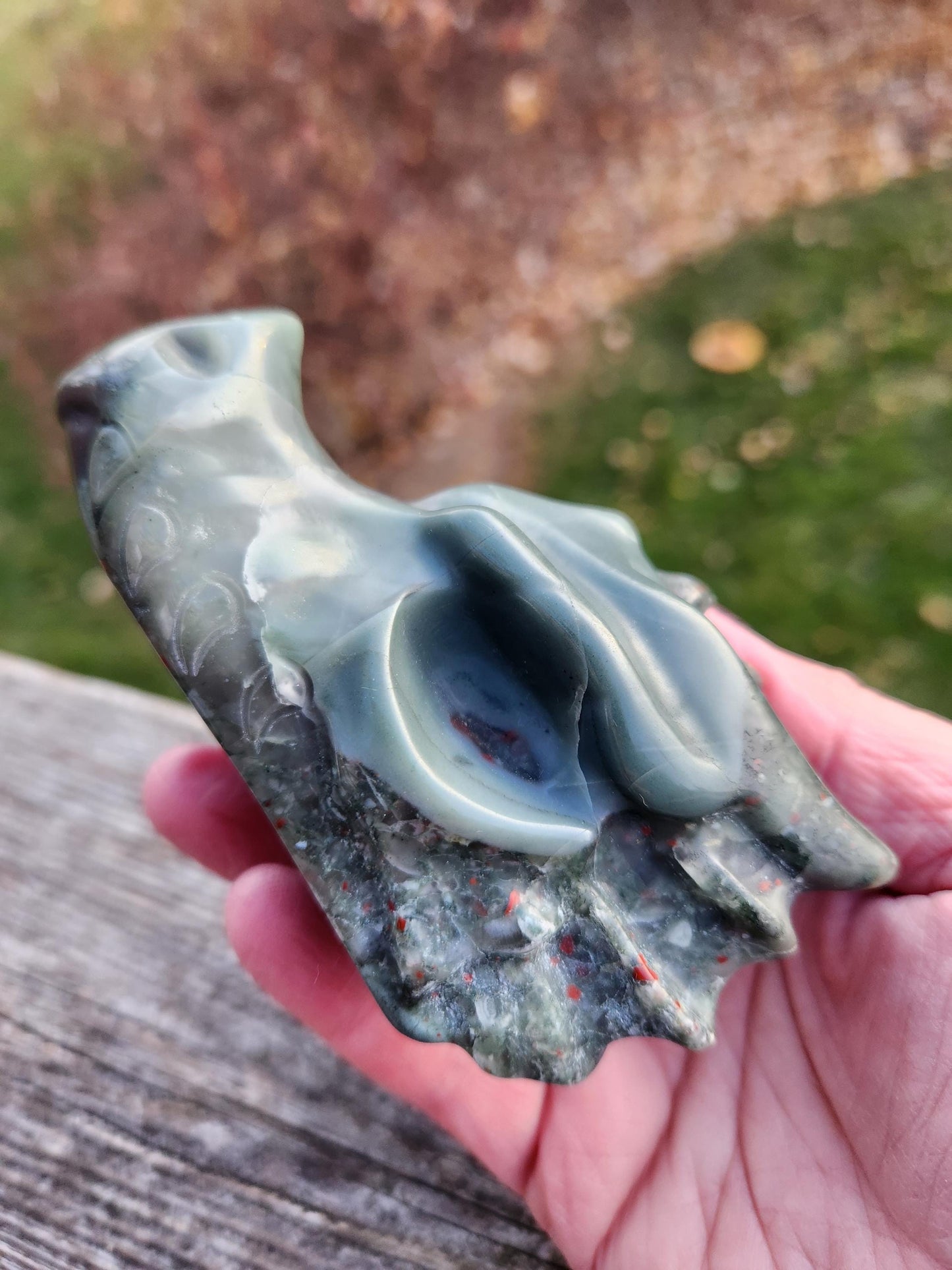 High Polished African Bloodstone Jasper Carved Dragon Head Crystal Stone, DnD