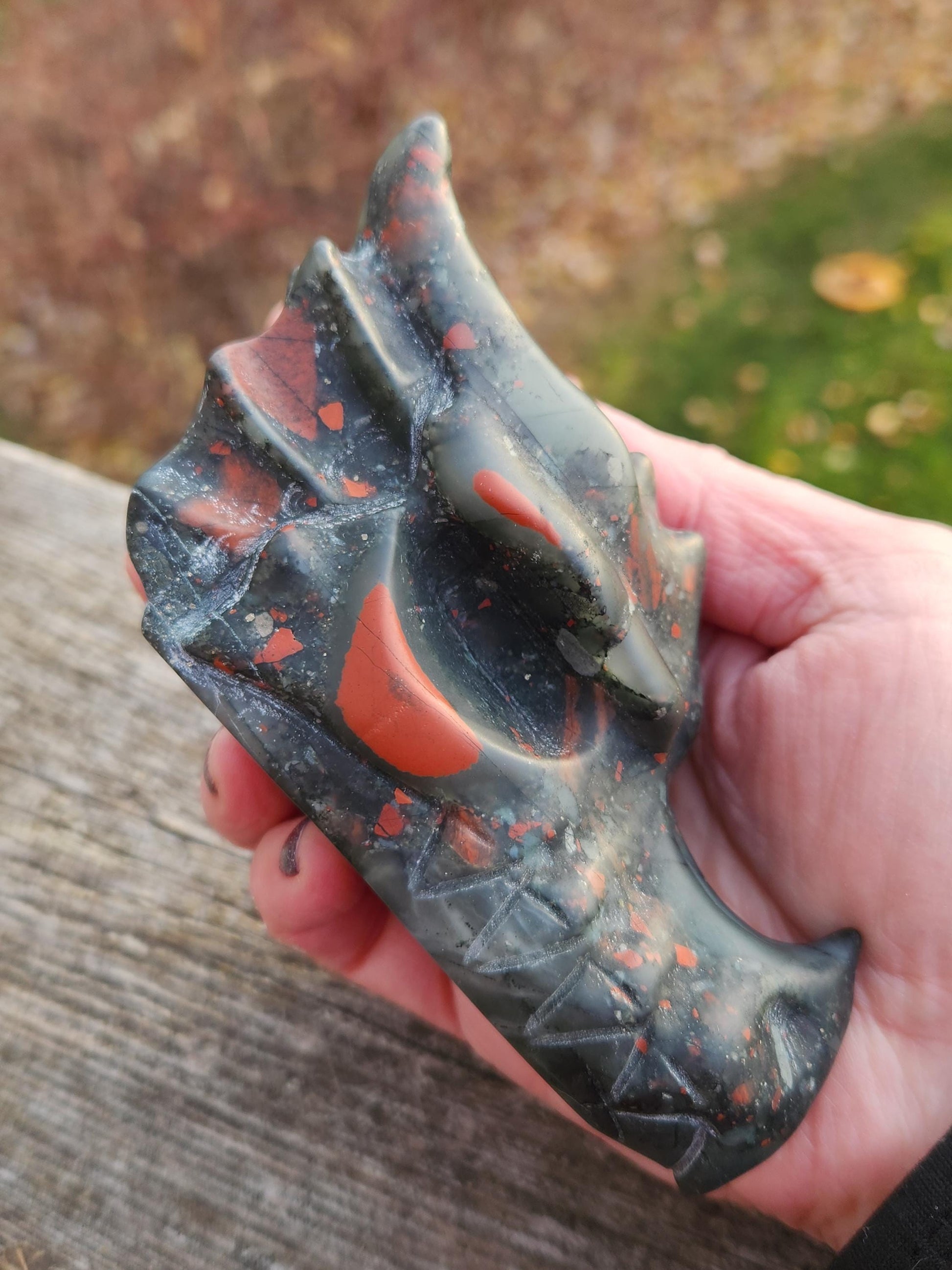High Polished African Bloodstone Jasper Carved Dragon Head Crystal Stone, DnD