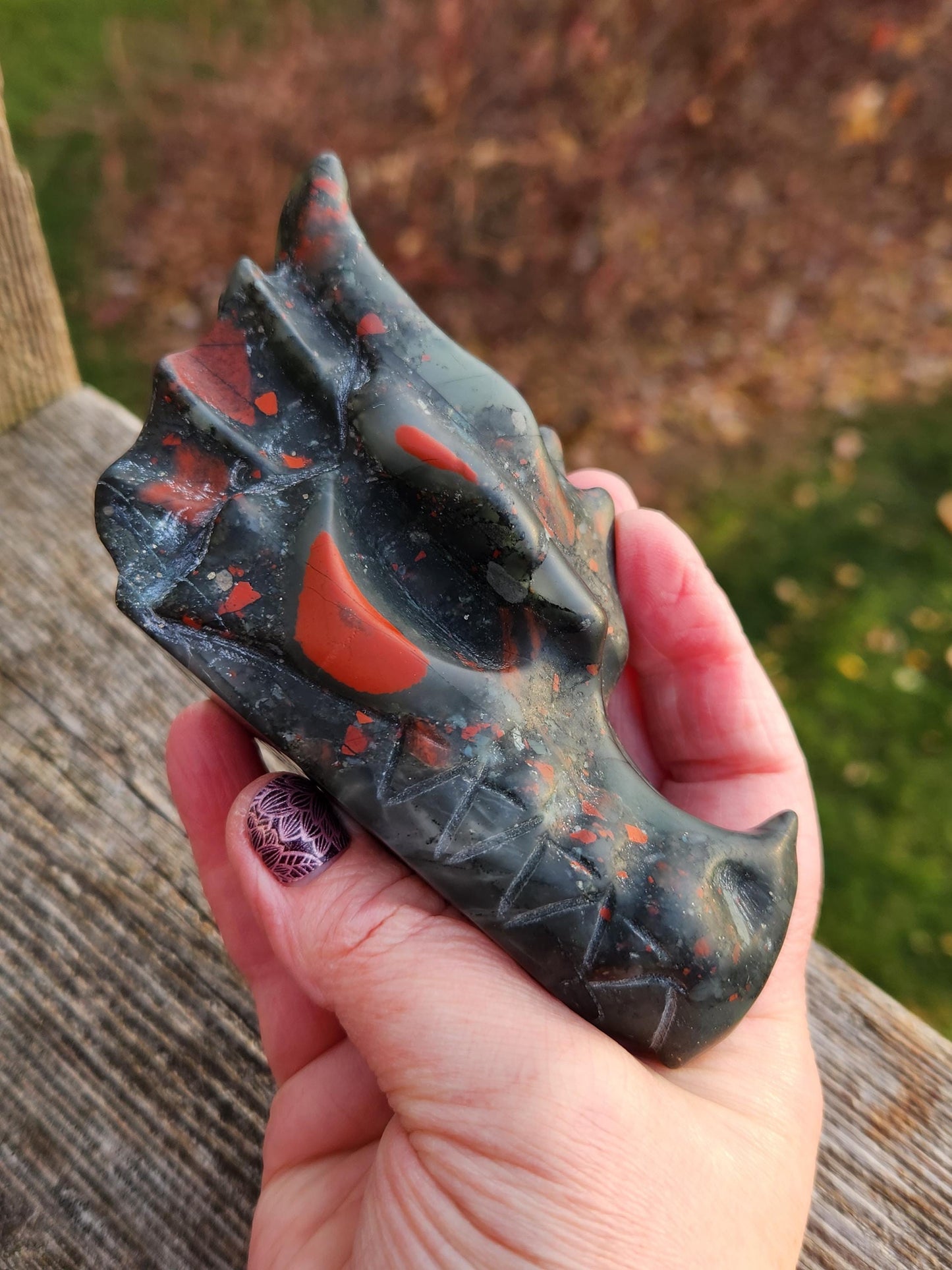 High Polished African Bloodstone Jasper Carved Dragon Head Crystal Stone, DnD