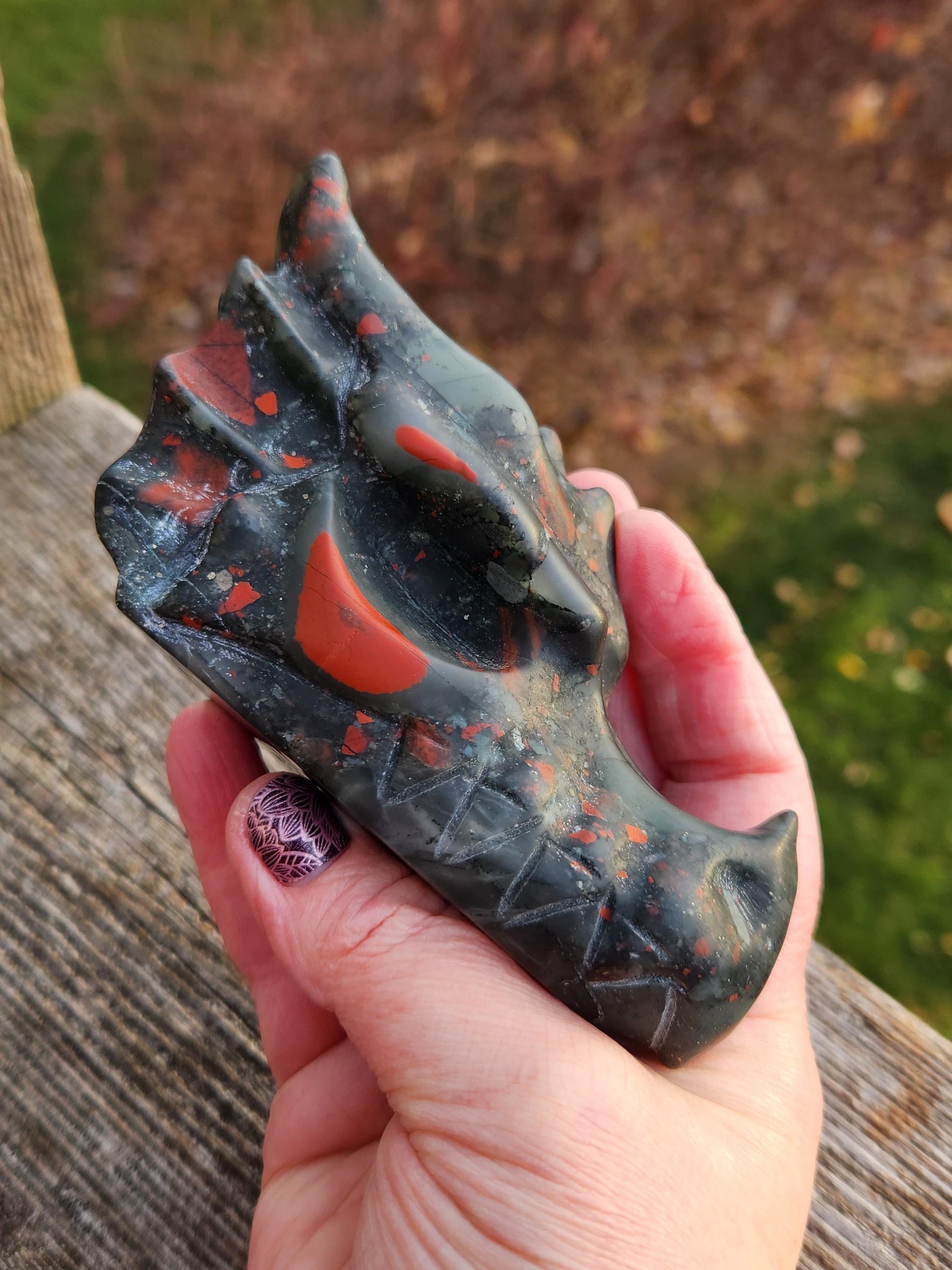 High Polished African Bloodstone Jasper Carved Dragon Head Crystal Stone, DnD