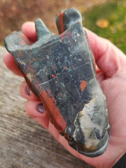 High Polished African Bloodstone Jasper Carved Dragon Head Crystal Stone, DnD
