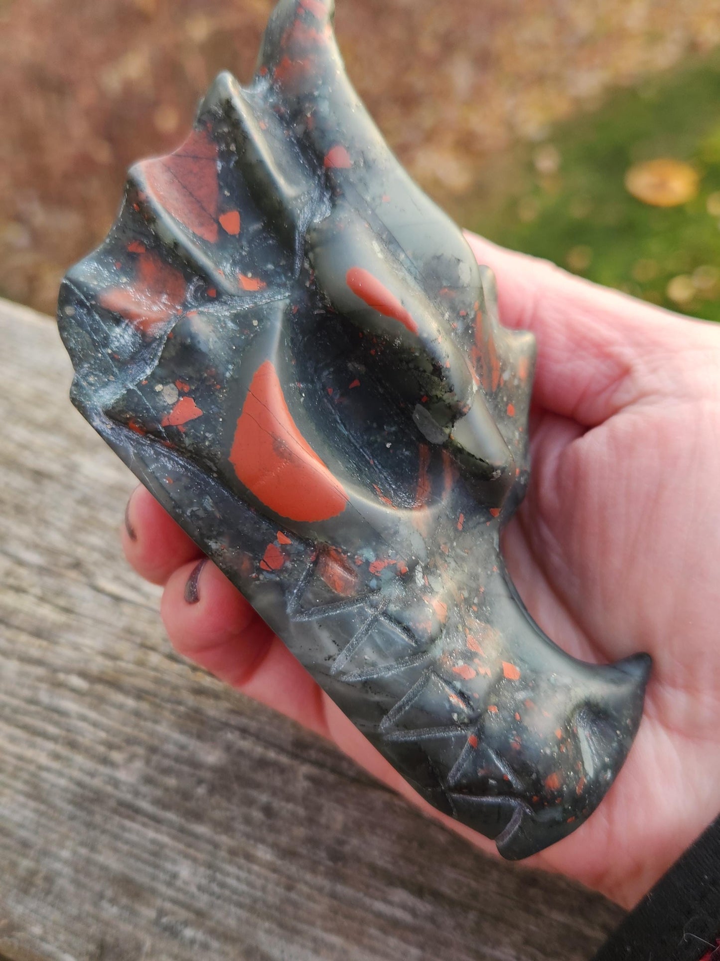 High Polished African Bloodstone Jasper Carved Dragon Head Crystal Stone, DnD