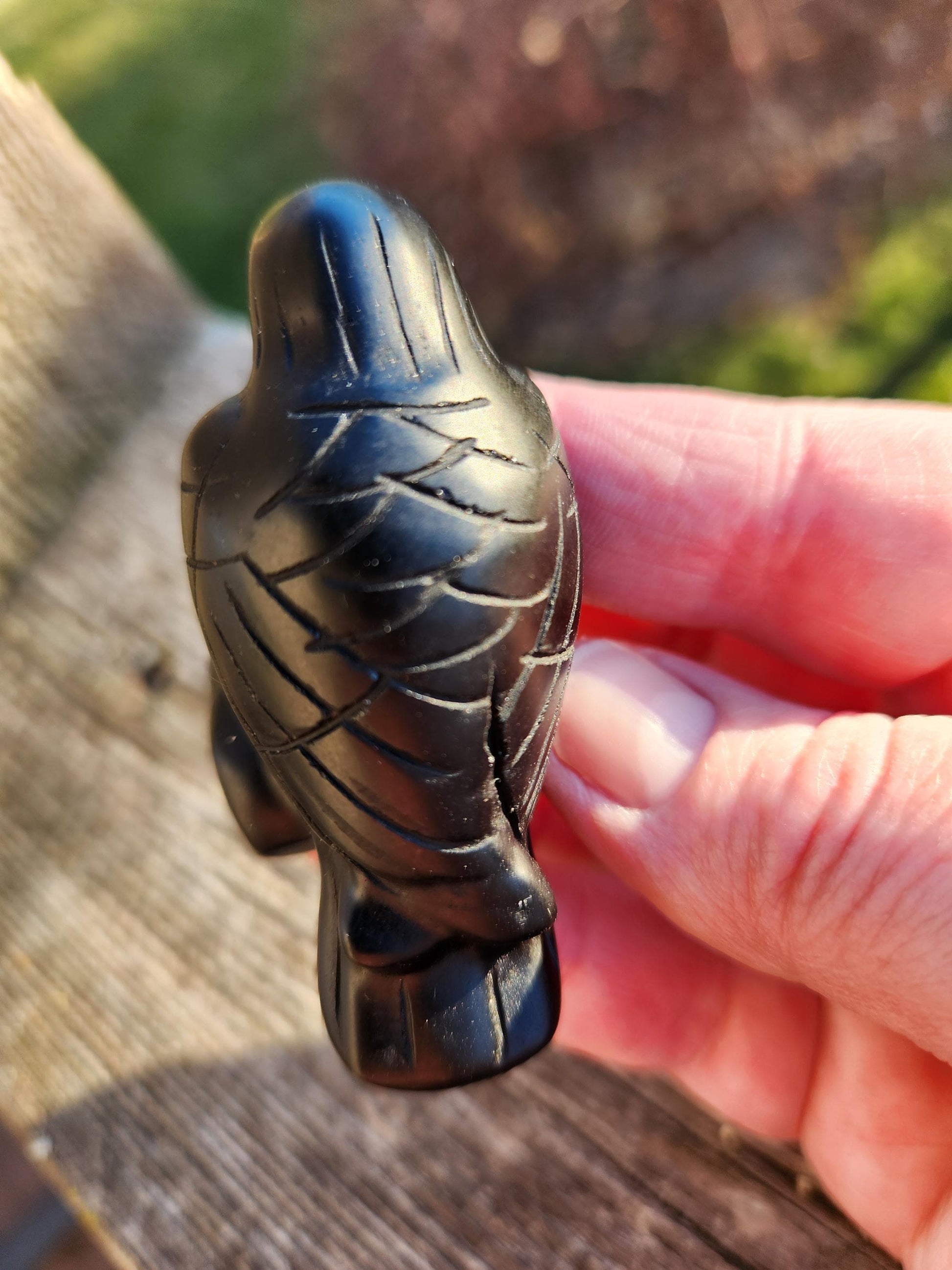 Carved Black Obsidian Crow Raven on Stand: Natural Crystal Raven Figurine