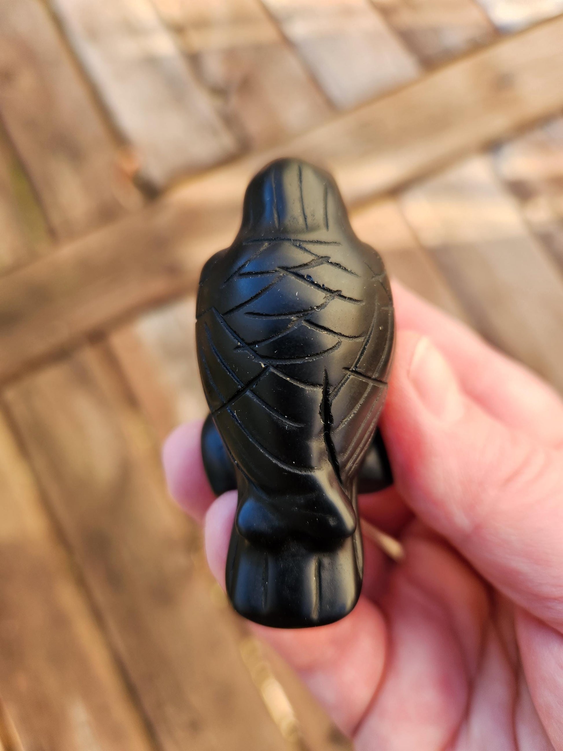 Carved Black Obsidian Crow Raven on Stand: Natural Crystal Raven Figurine