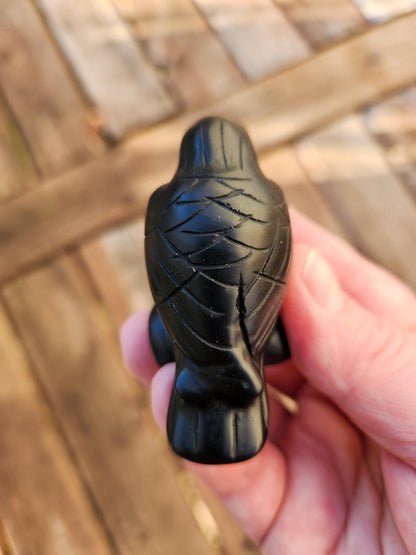 Carved Black Obsidian Crow Raven on Stand: Natural Crystal Raven Figurine