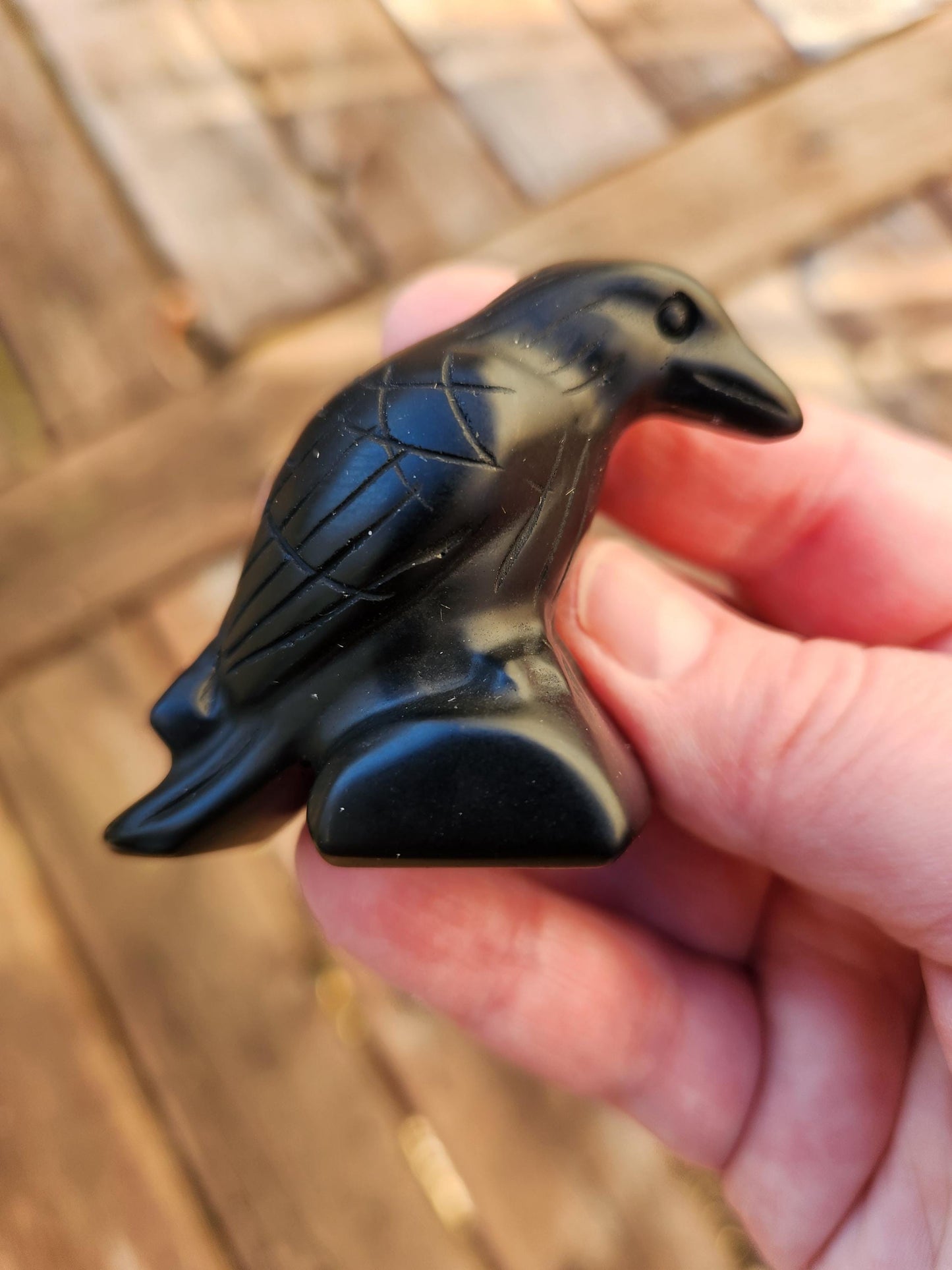 Carved Black Obsidian Crow Raven on Stand: Natural Crystal Raven Figurine
