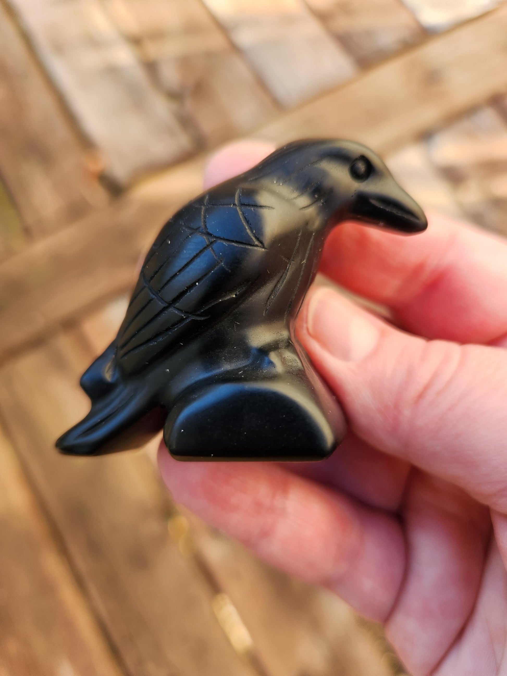 Carved Black Obsidian Crow Raven on Stand: Natural Crystal Raven Figurine