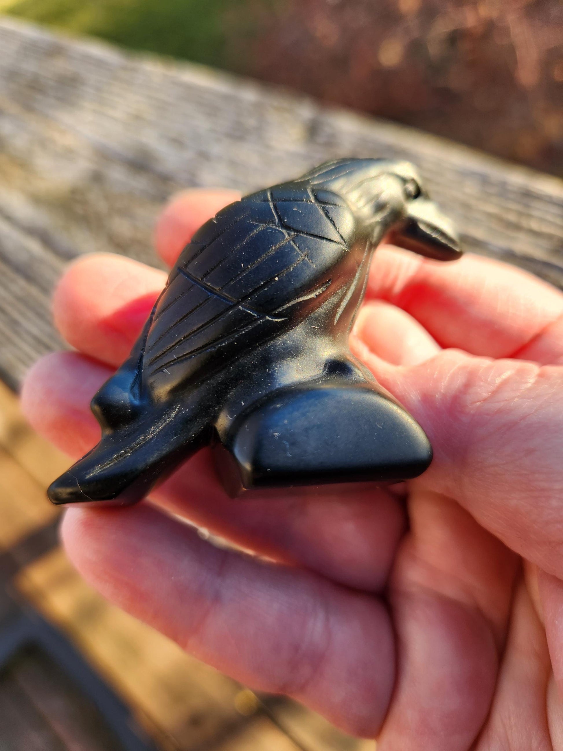 Carved Black Obsidian Crow Raven on Stand: Natural Crystal Raven Figurine