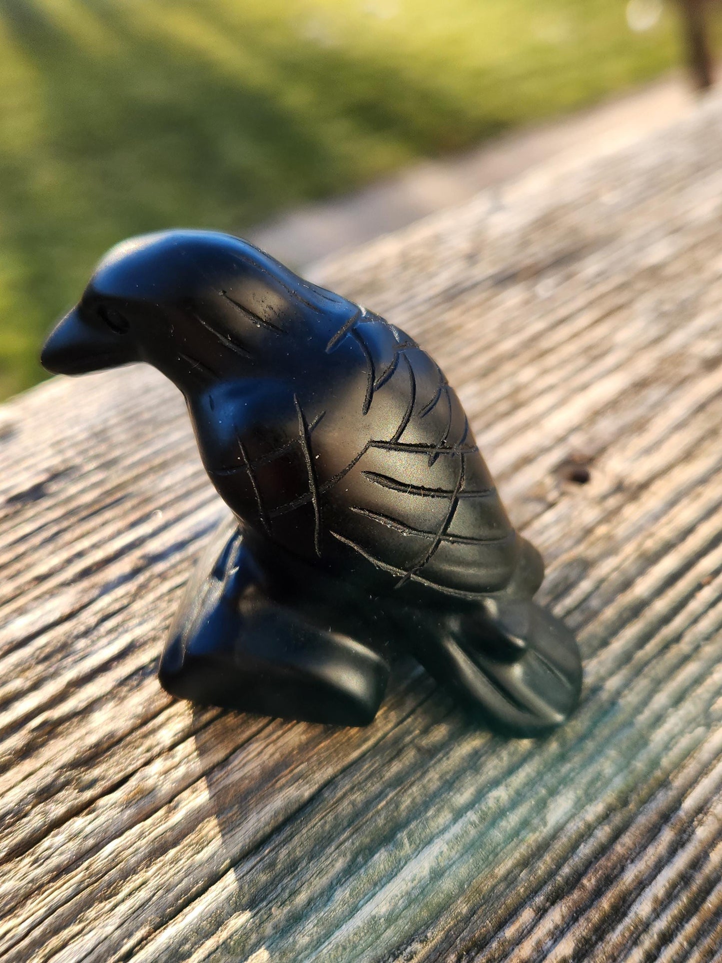 Carved Black Obsidian Crow Raven on Stand: Natural Crystal Raven Figurine