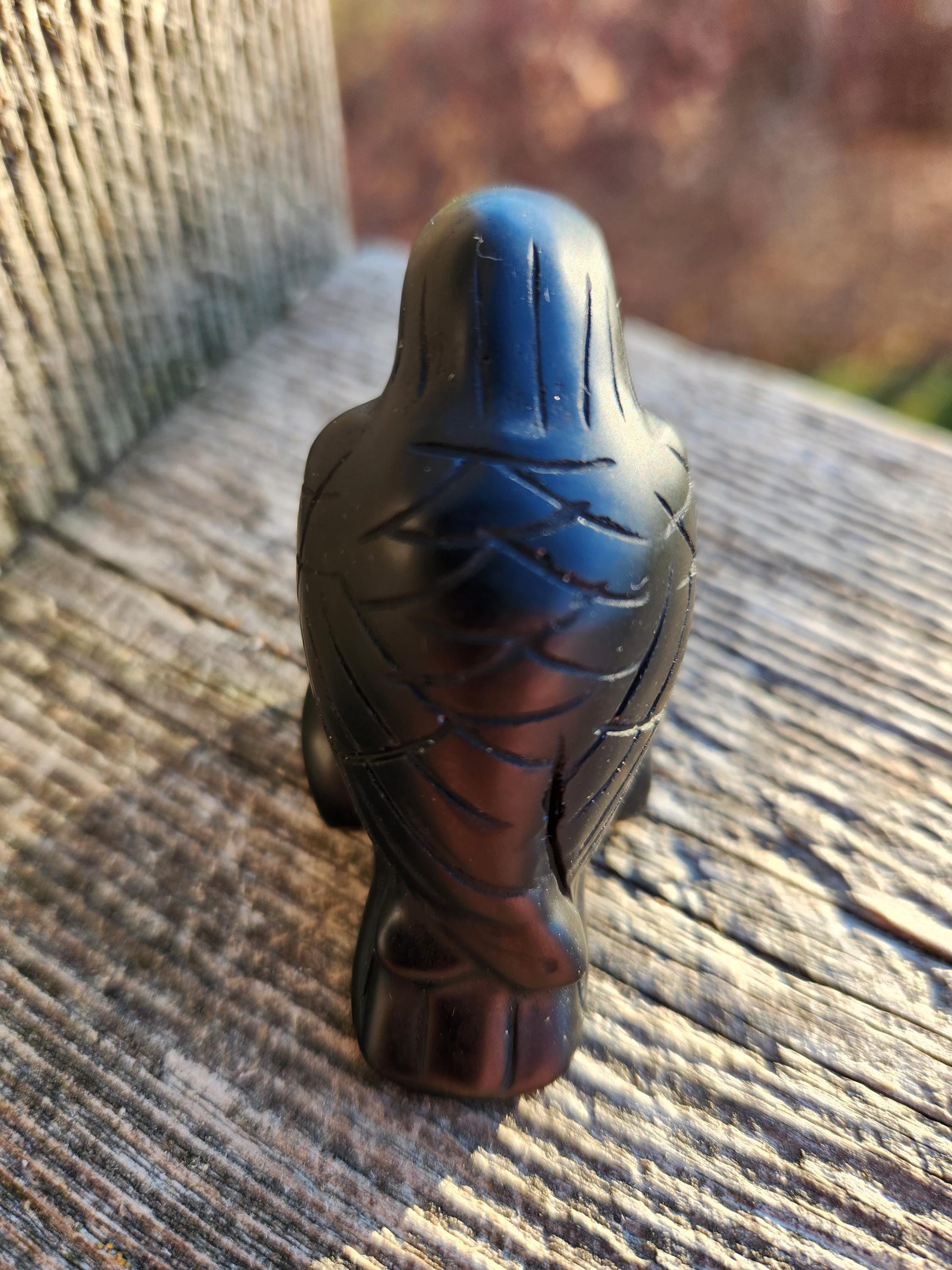 Carved Black Obsidian Crow Raven on Stand: Natural Crystal Raven Figurine