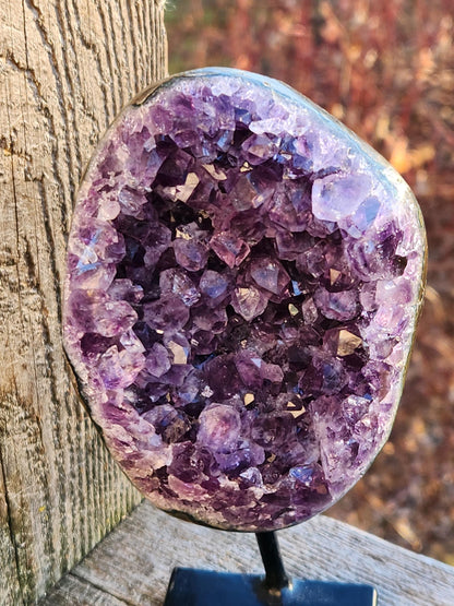 Gorgeous Dark Purple Amethyst Crystal On Metal Stand with Polished Edges, Cathedral