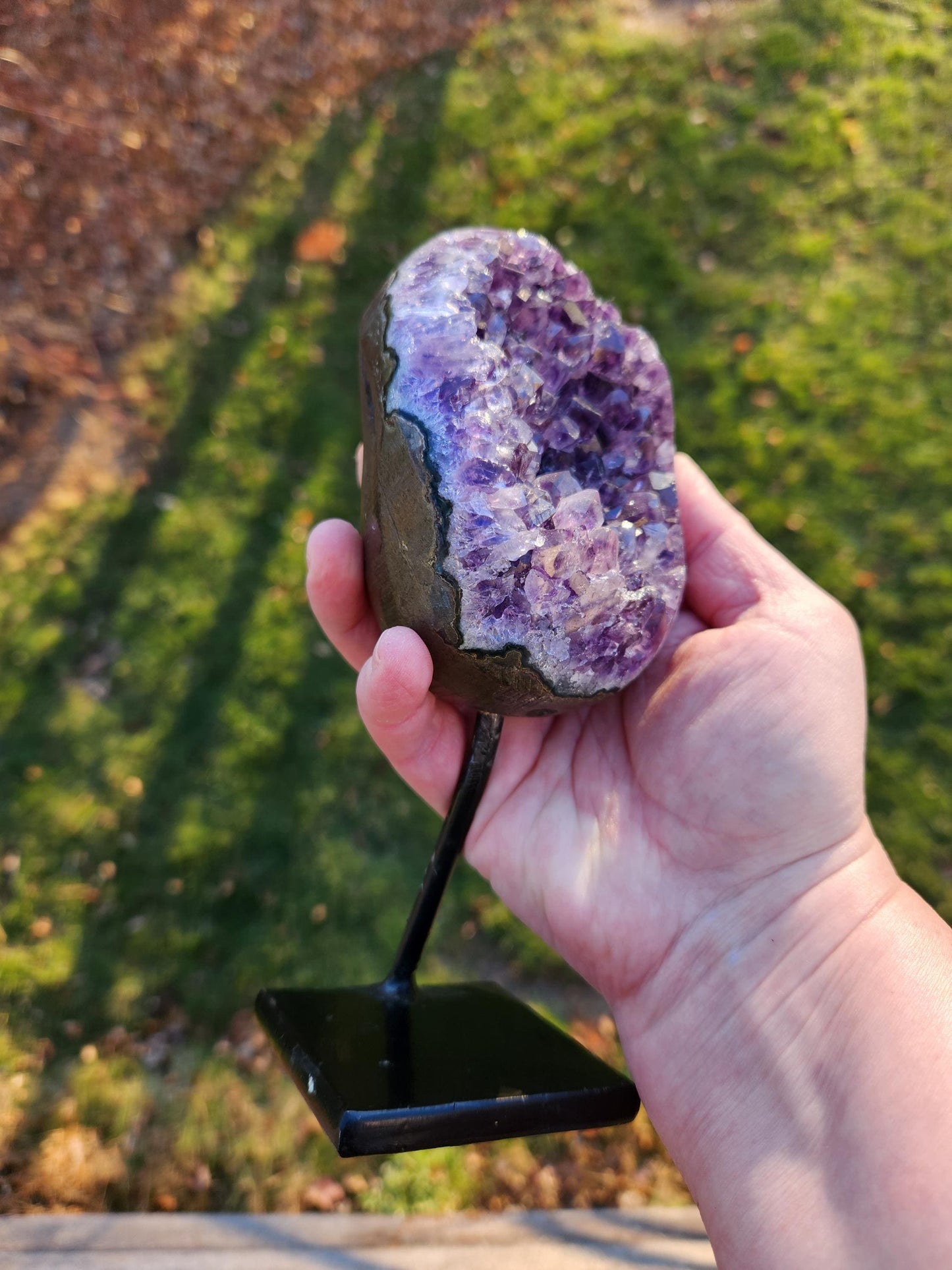 Gorgeous Dark Purple Amethyst Crystal On Metal Stand with Polished Edges, Cathedral