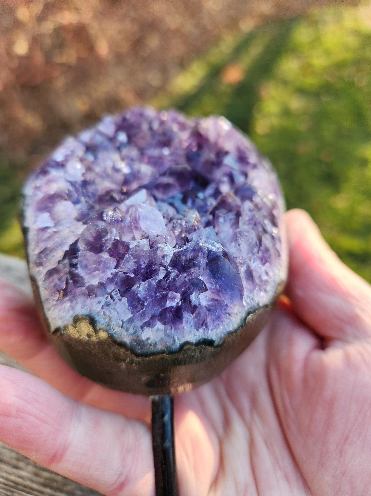 Gorgeous Dark Purple Amethyst Crystal On Metal Stand with Polished Edges, Cathedral