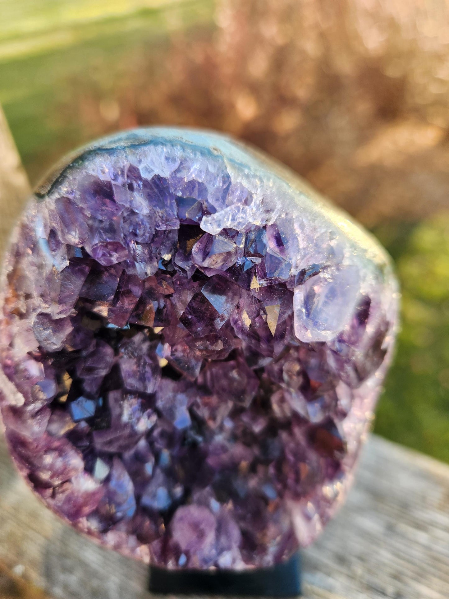 Gorgeous Dark Purple Amethyst Crystal On Metal Stand with Polished Edges, Cathedral