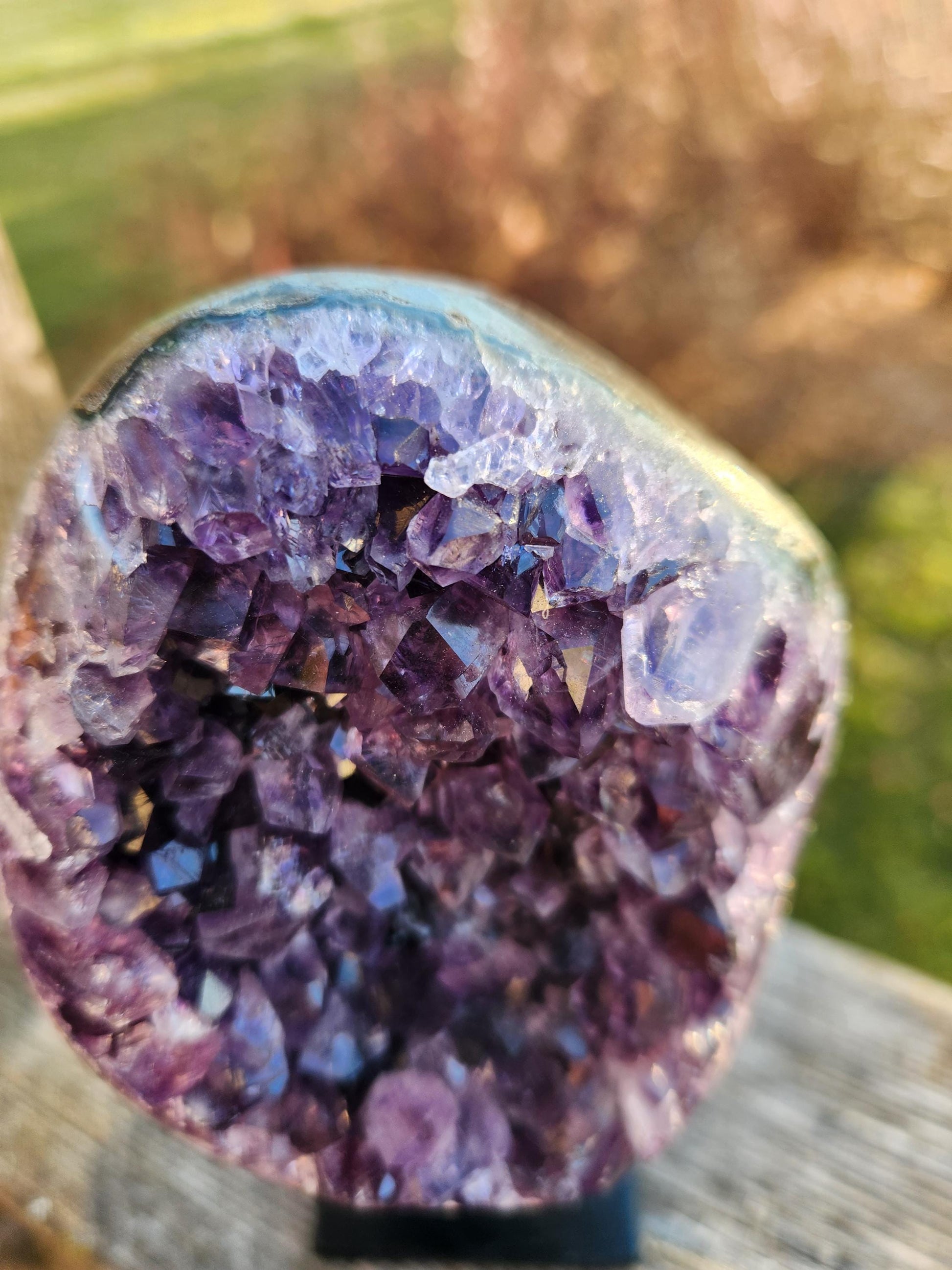 Gorgeous Dark Purple Amethyst Crystal On Metal Stand with Polished Edges, Cathedral