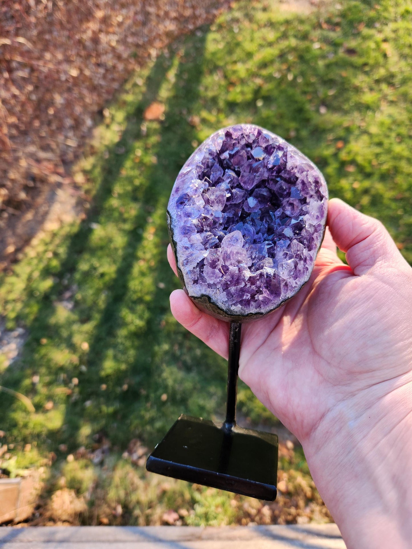 Gorgeous Dark Purple Amethyst Crystal On Metal Stand with Polished Edges, Cathedral