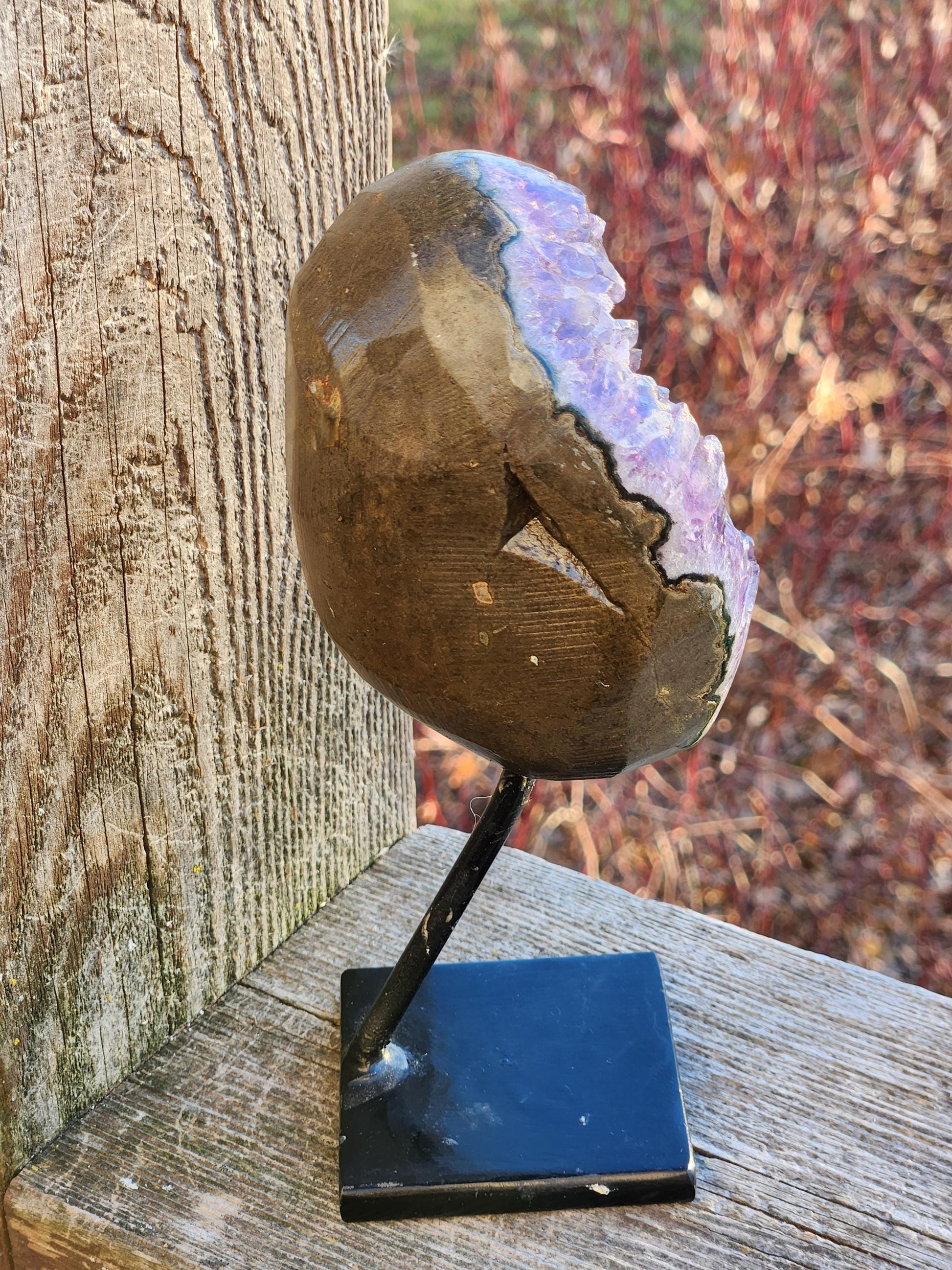 Gorgeous Dark Purple Amethyst Crystal On Metal Stand with Polished Edges, Cathedral