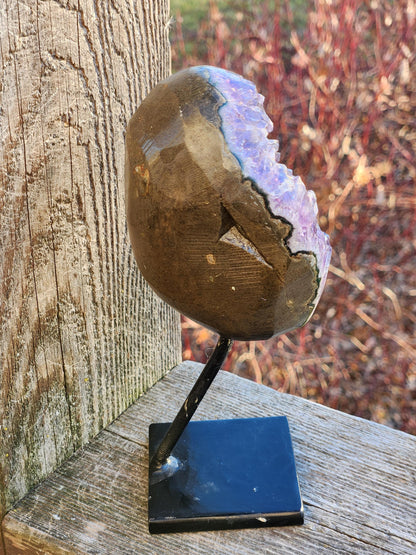 Gorgeous Dark Purple Amethyst Crystal On Metal Stand with Polished Edges, Cathedral