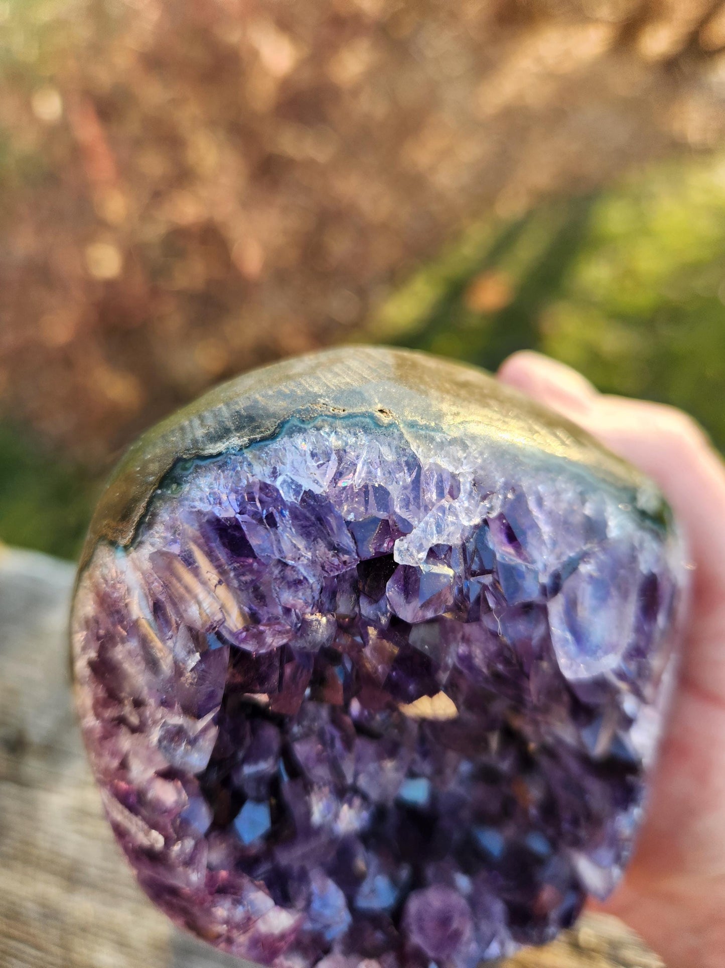 Gorgeous Dark Purple Amethyst Crystal On Metal Stand with Polished Edges, Cathedral