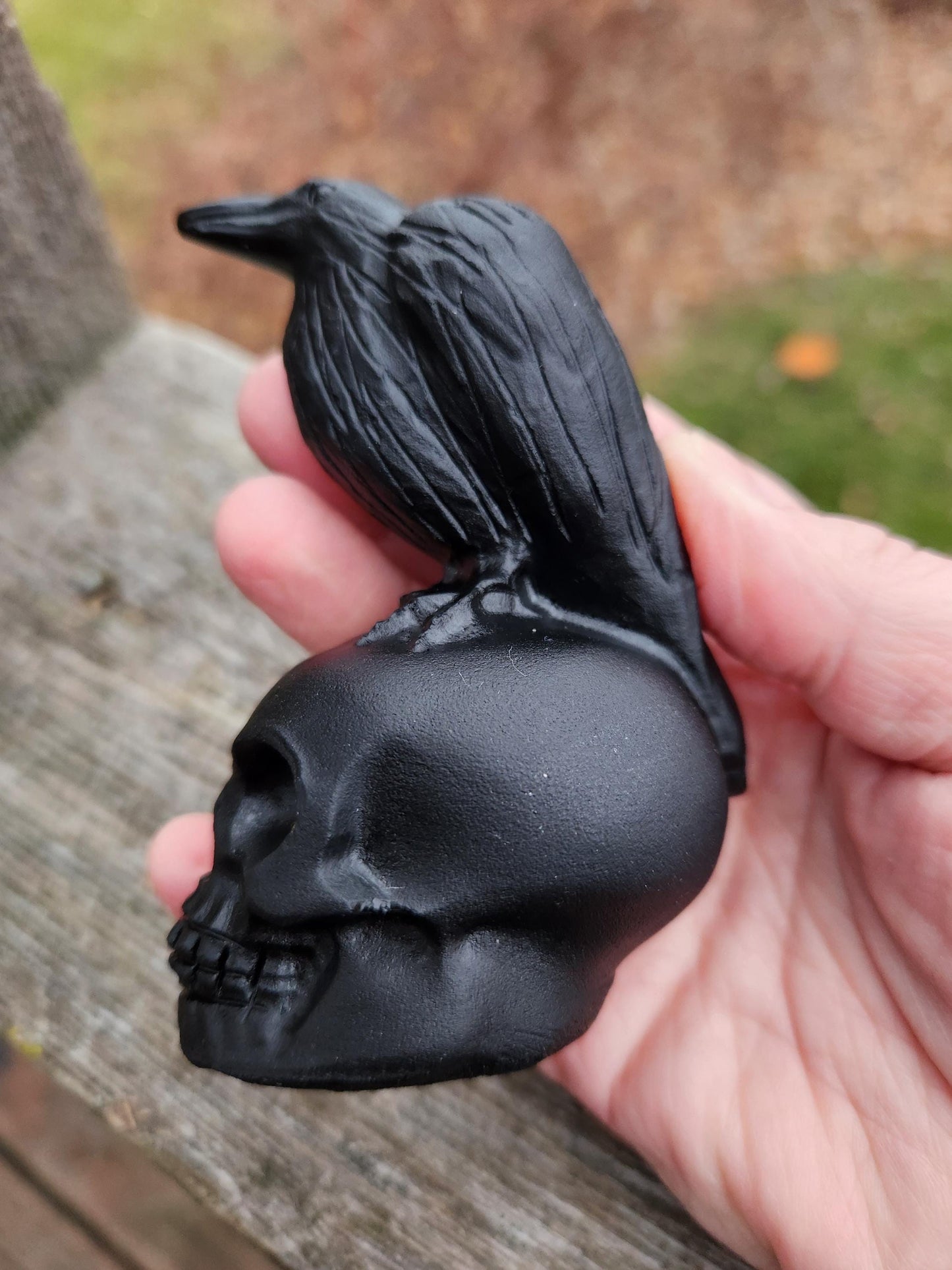 Carved Black Obsidian Crow Raven on Skull: Natural Crystal Raven Figurine