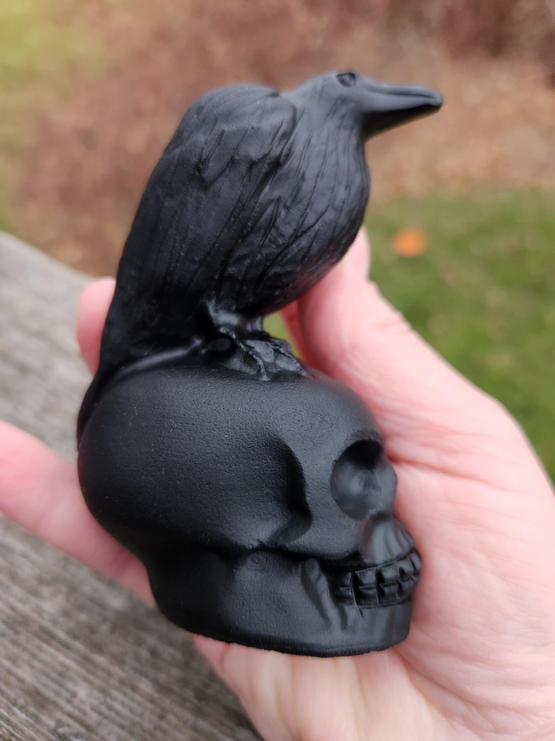 Carved Black Obsidian Crow Raven on Skull: Natural Crystal Raven Figurine