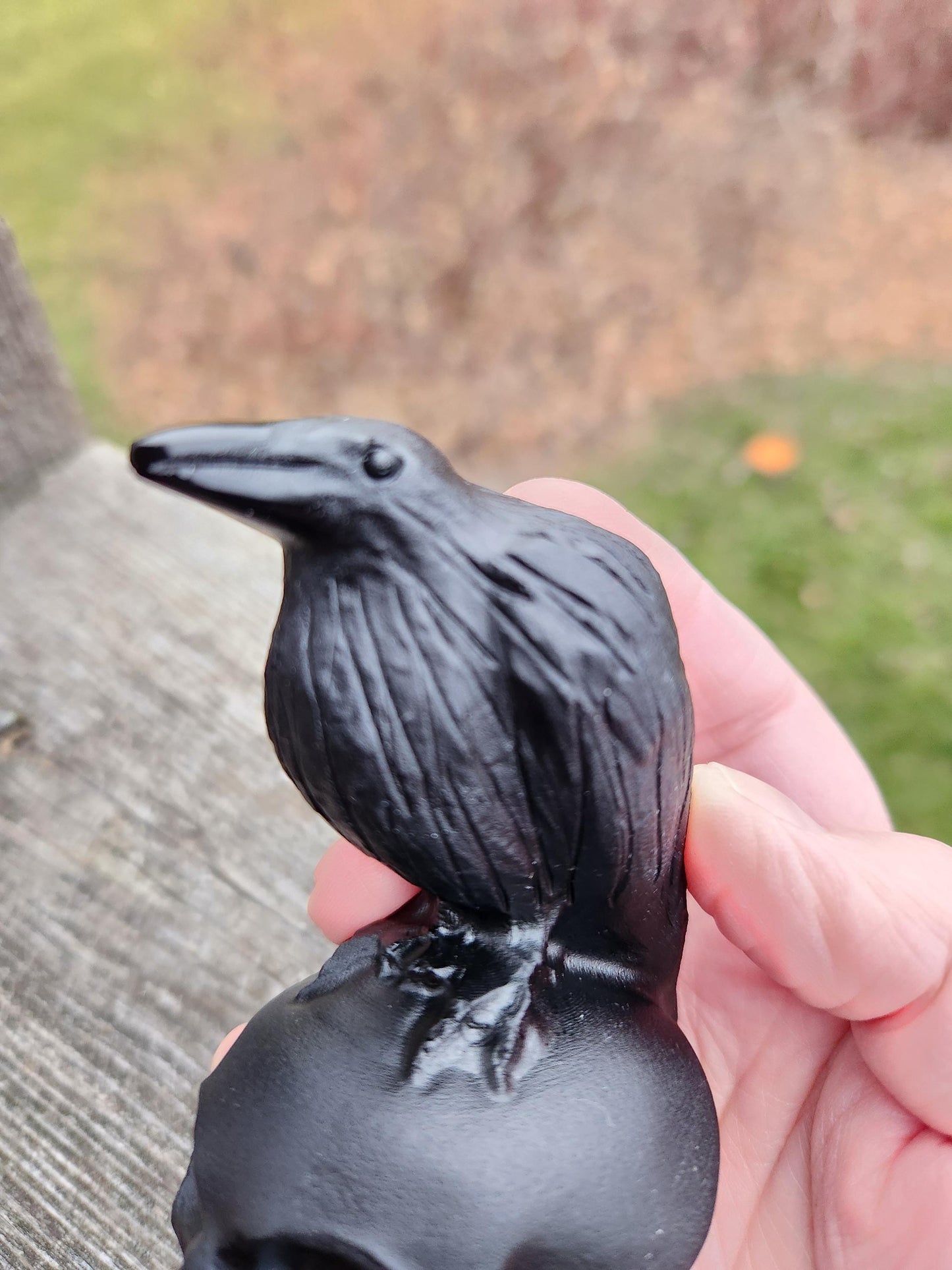 Carved Black Obsidian Crow Raven on Skull: Natural Crystal Raven Figurine