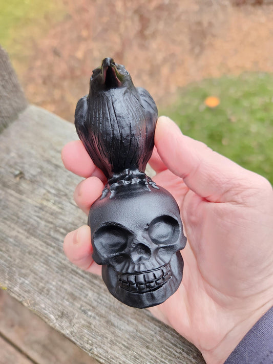 Carved Black Obsidian Crow Raven on Skull: Natural Crystal Raven Figurine