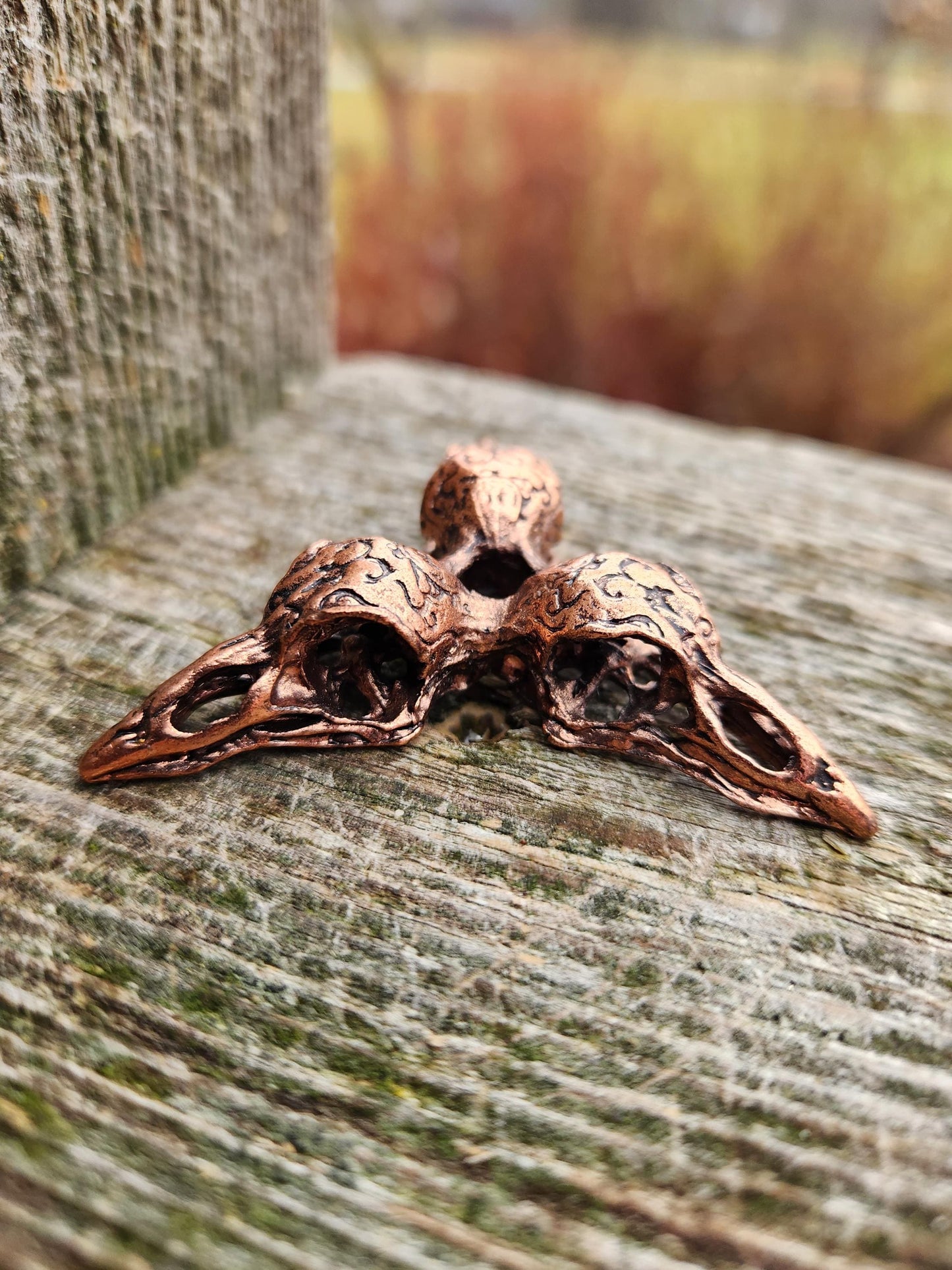 3 Raven Skull Shiny Copper Crystal Sphere Holder