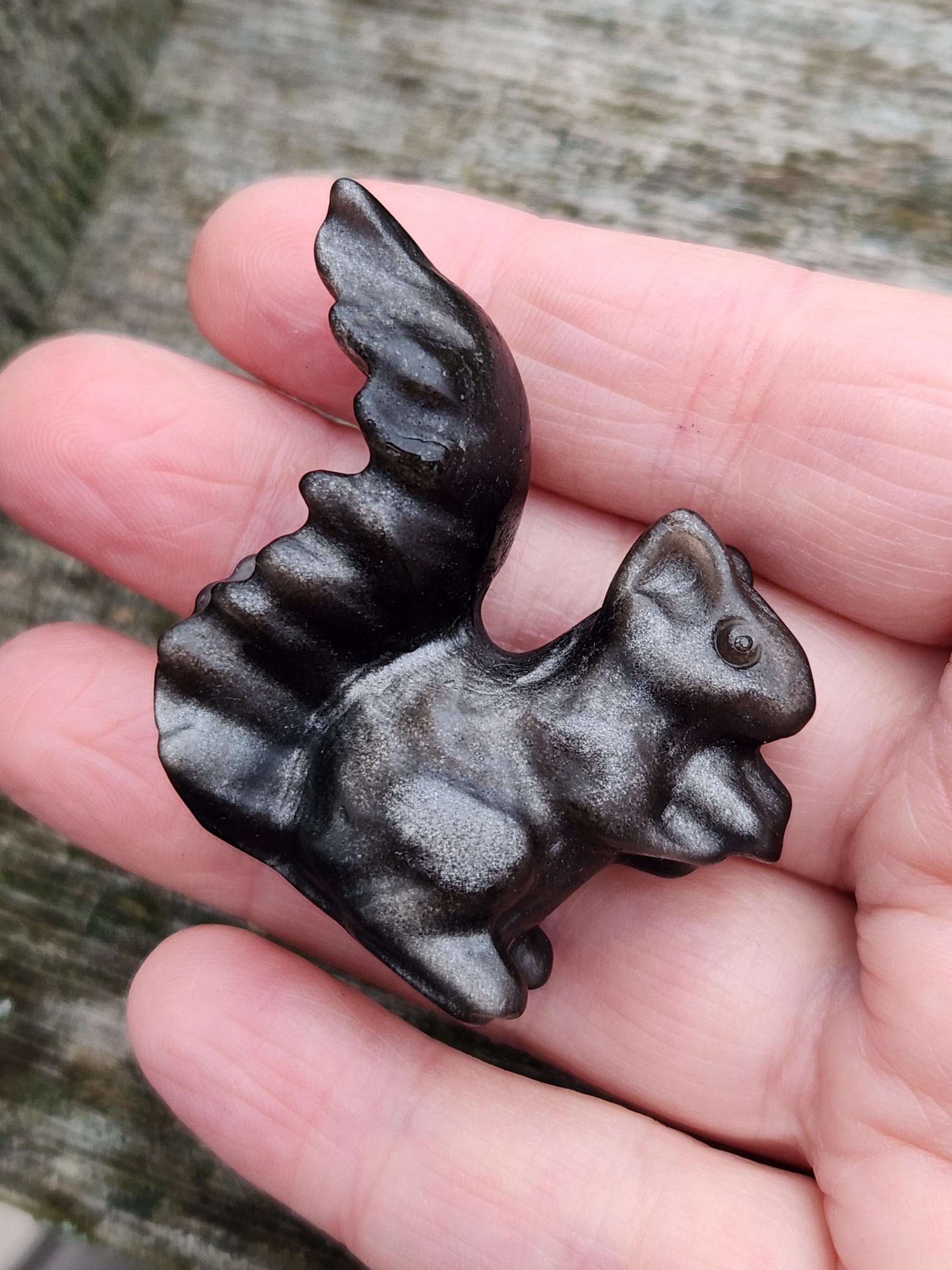 Silver Sheen Obsidian Carved Squirrel: Natural Crystal Figurine, 1 Squirrel