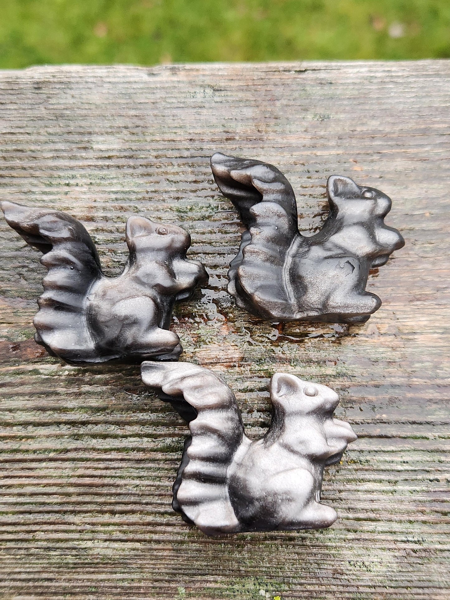 Silver Sheen Obsidian Carved Squirrel: Natural Crystal Figurine, 1 Squirrel