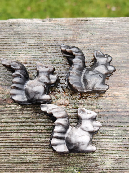 Silver Sheen Obsidian Carved Squirrel: Natural Crystal Figurine, 1 Squirrel