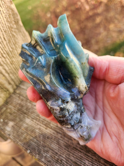 Juicy AAA Natural Moss Agate Crystal Carved Dragon Head ,DND