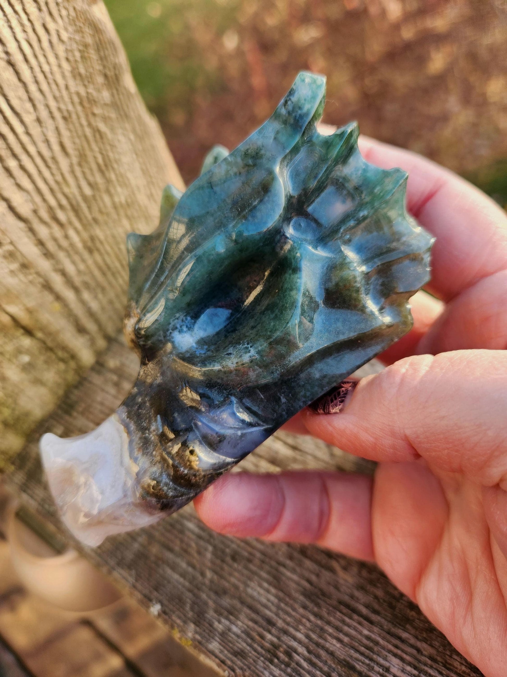 Juicy AAA Natural Moss Agate Crystal Carved Dragon Head ,DND