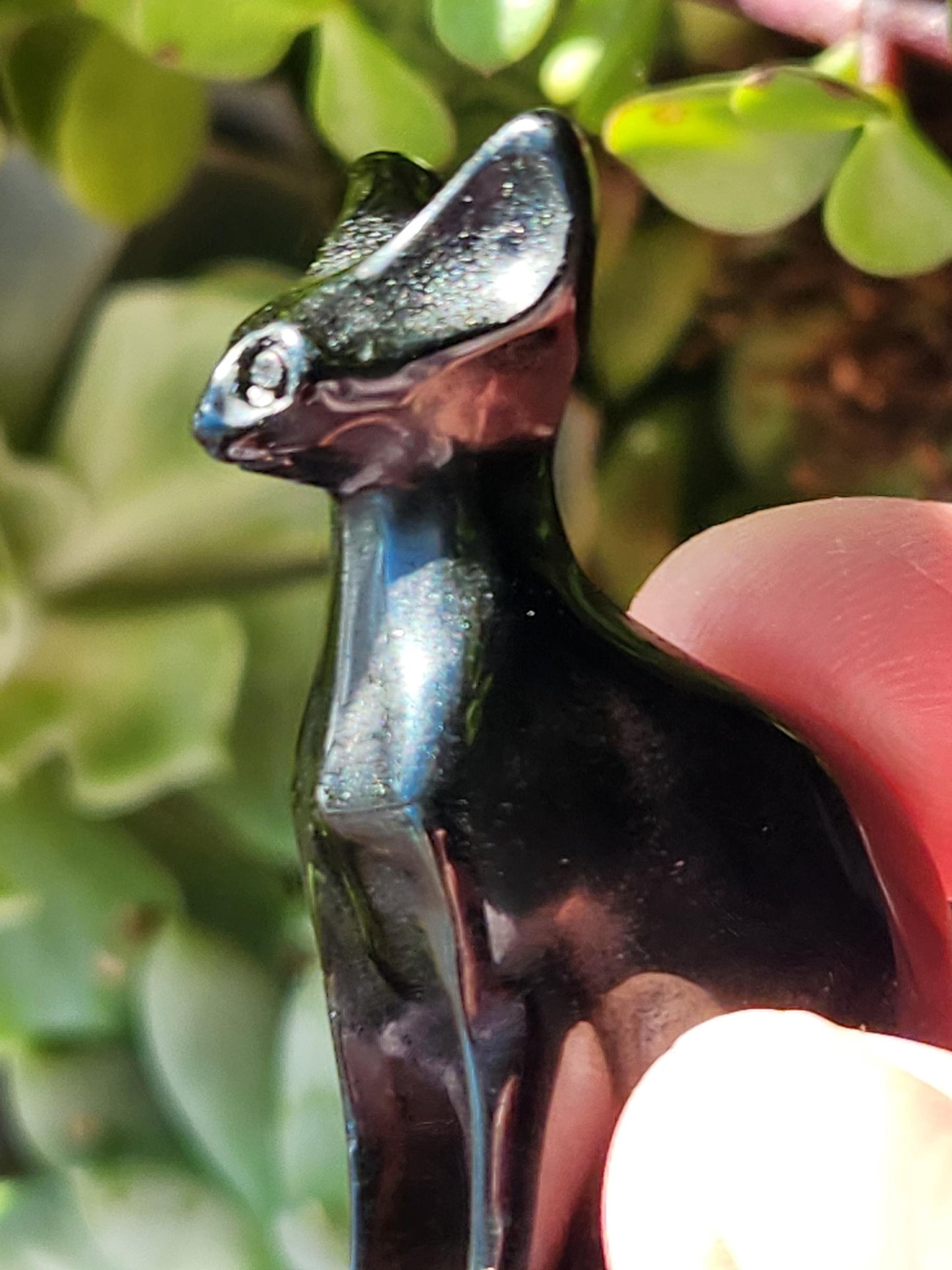 Black Obsidian Cat Figurine: Natural Stone Crystal, Sphynx