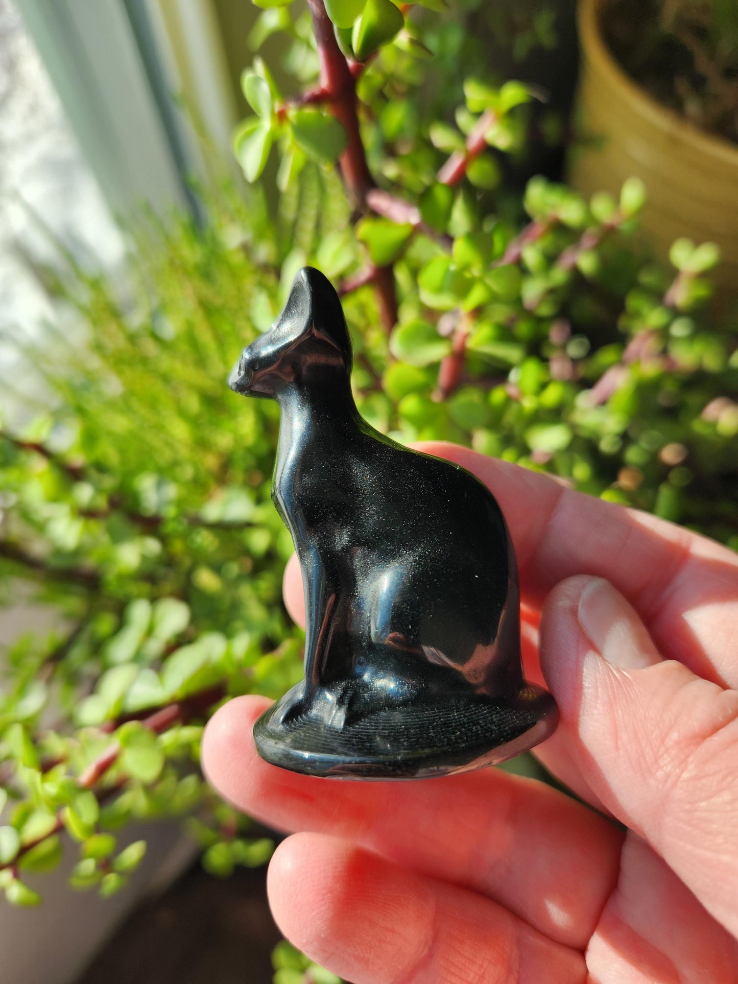 Black Obsidian Cat Figurine: Natural Stone Crystal, Sphynx
