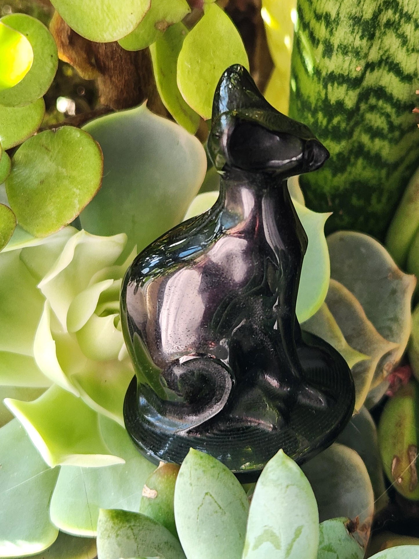 Black Obsidian Cat Figurine: Natural Stone Crystal, Sphynx