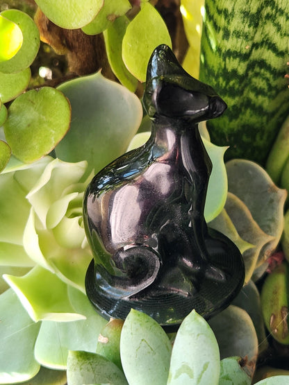 Black Obsidian Cat Figurine: Natural Stone Crystal, Sphynx