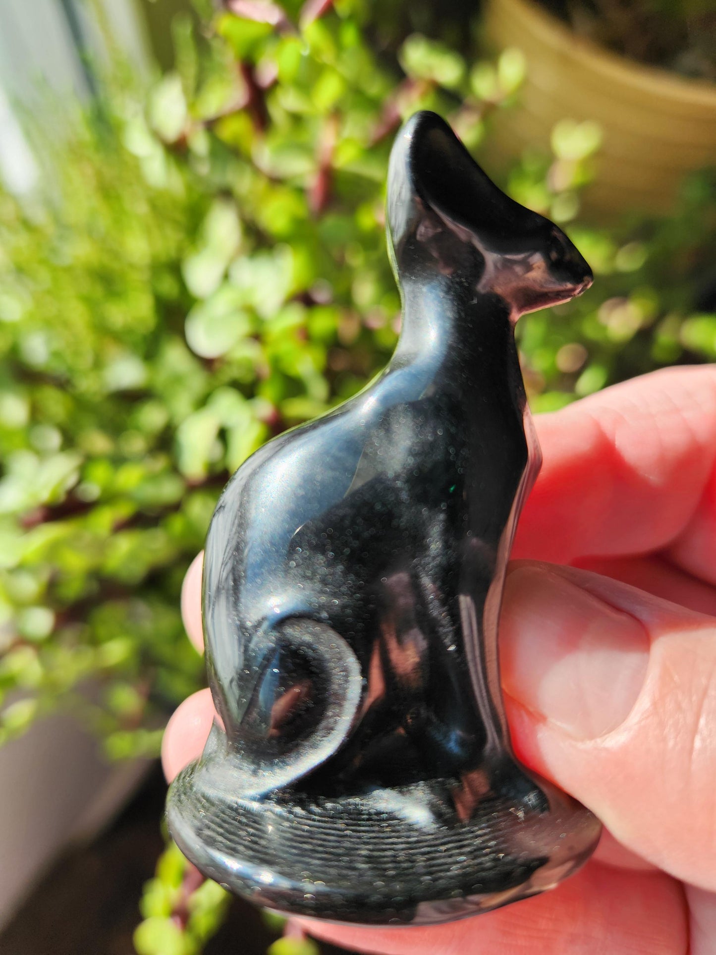 Black Obsidian Cat Figurine: Natural Stone Crystal, Sphynx