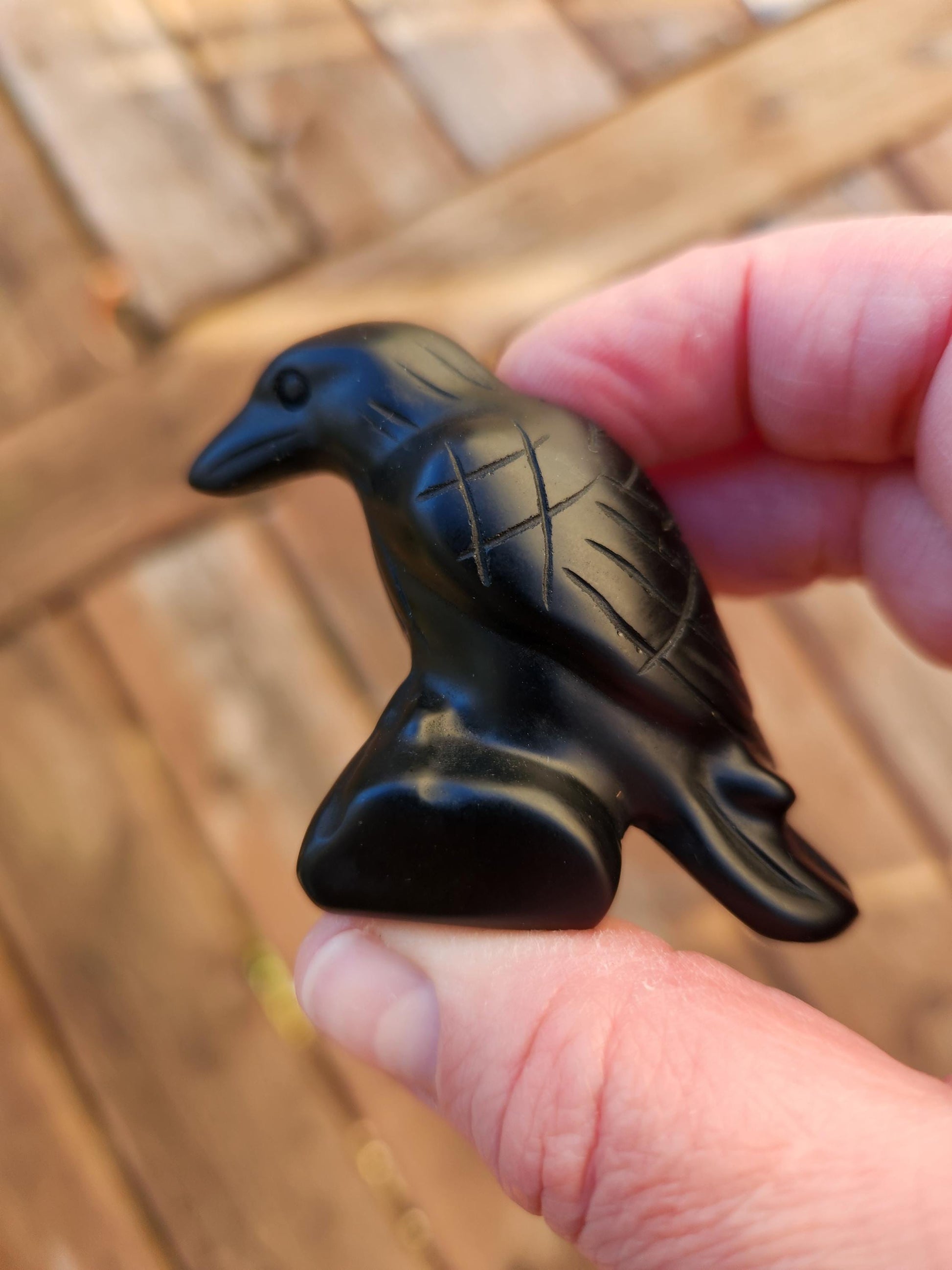 Carved Black Obsidian Crow Raven on Stand: Natural Crystal Raven Figurine