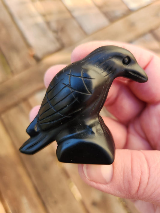 Carved Black Obsidian Crow Raven on Stand: Natural Crystal Raven Figurine